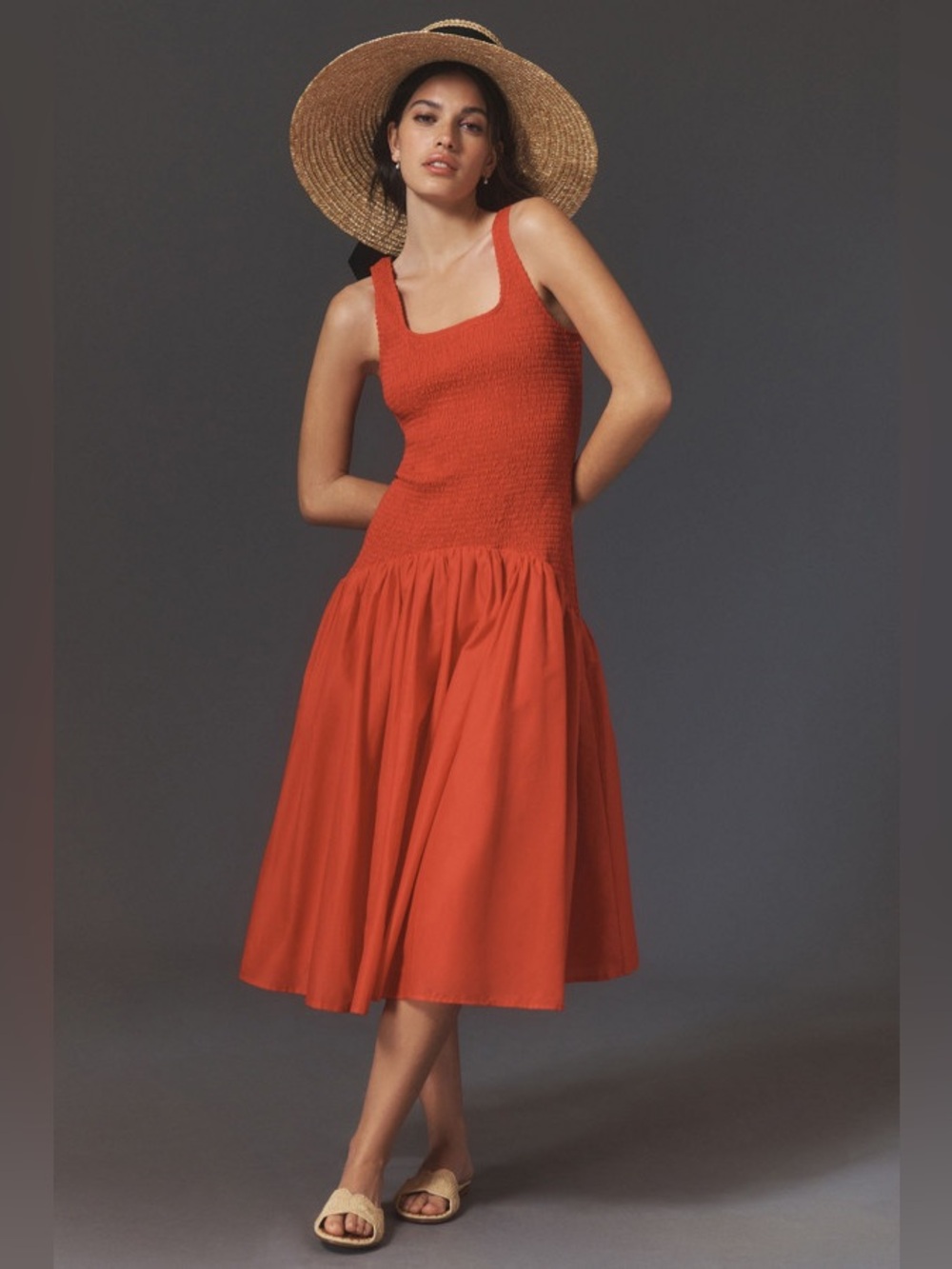 Hutch for Anthropologie Sleeveless Smocked Drop-Waist Midi Dress Hibiscus Small